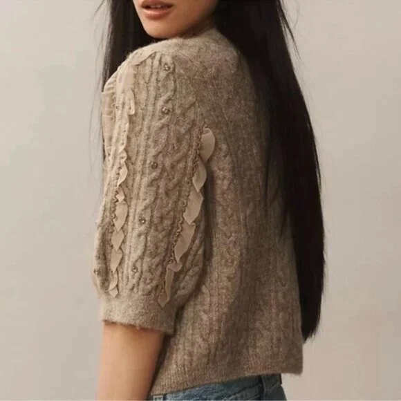 Maeve Embellished Tan Ruffle Button Cardigan - Picture 2 of 8